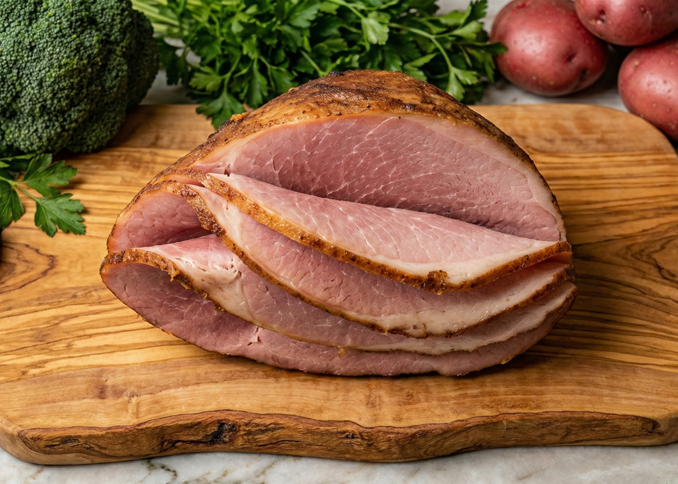Smoked Spiral-Cut Ham 1/4 Cut on a wooden cutting board with potatoes and broccoli in the background