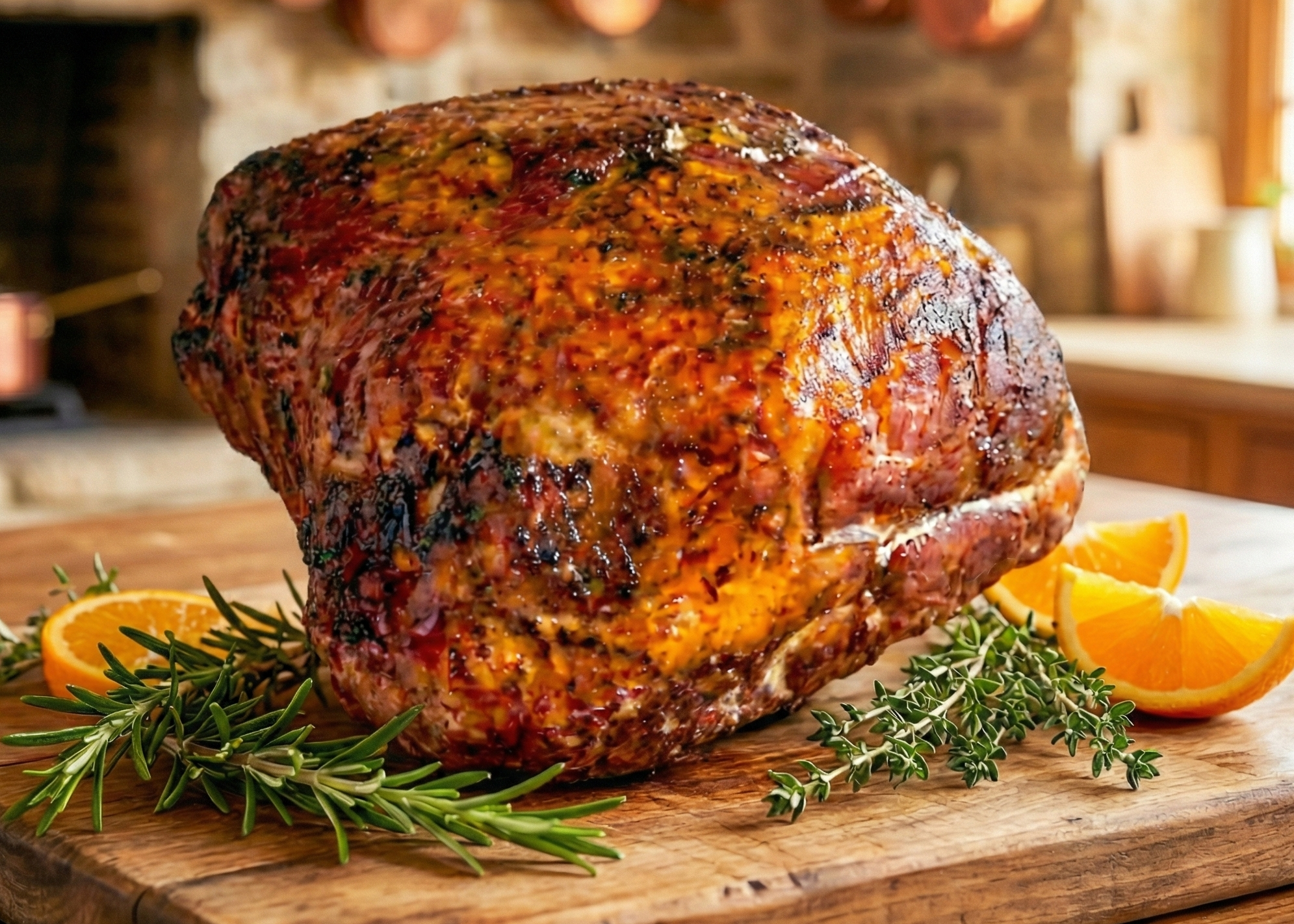 Smoked Whole Ham on a wooden cutting board with oranges and rosemary in a kitchen setting