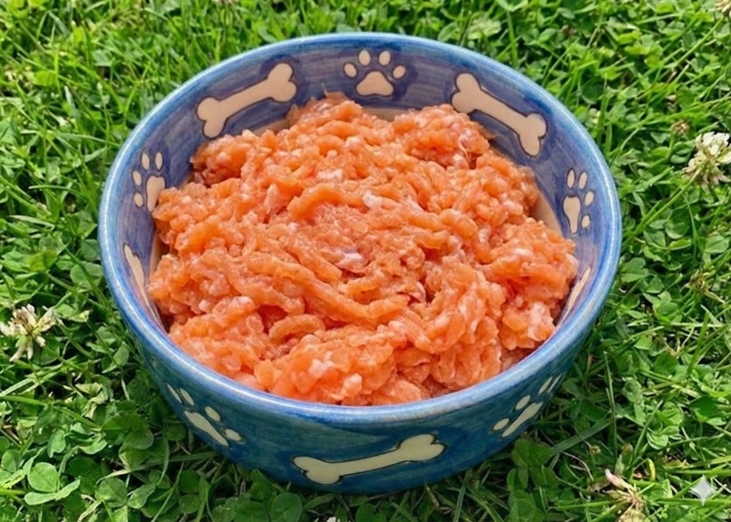 Blue bowl with Sockeye Mince Pet Food on a grassy background