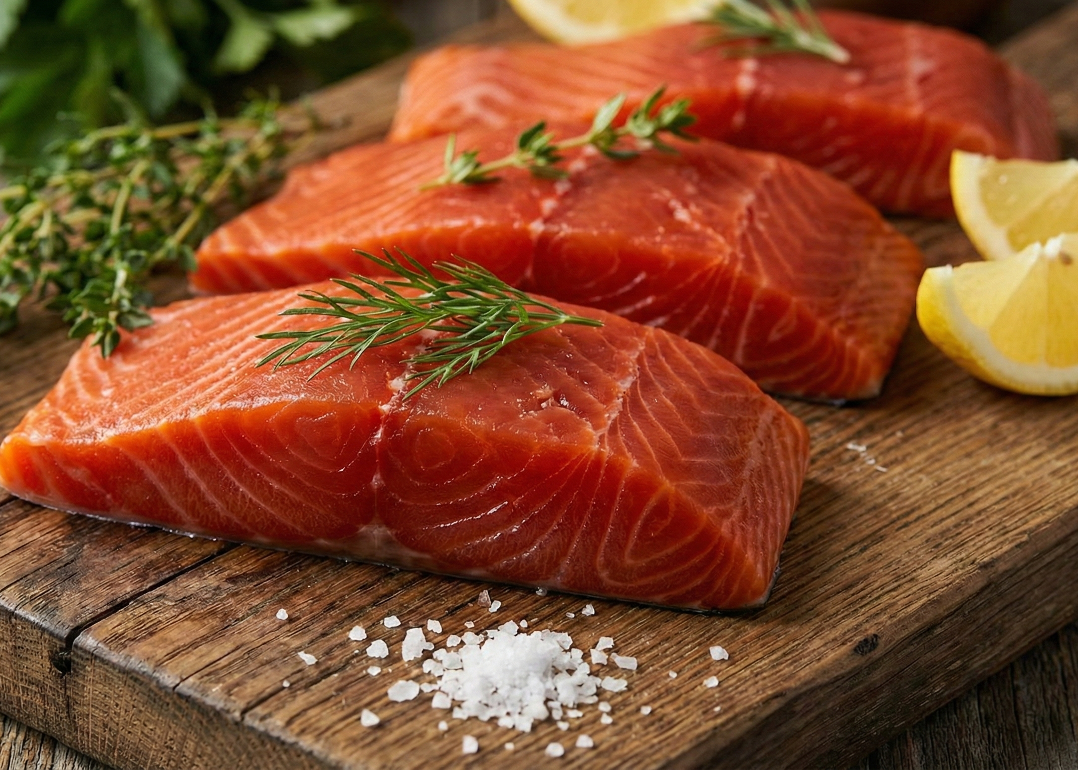 Sockeye Salmon Boneless Steak Portions on wood board