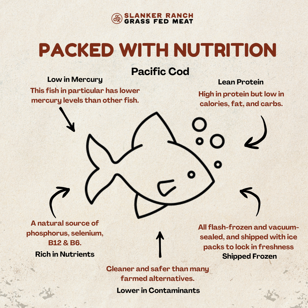 Diagram of wild caught Pacific Cod, highlighting nutritional benefits and freshness