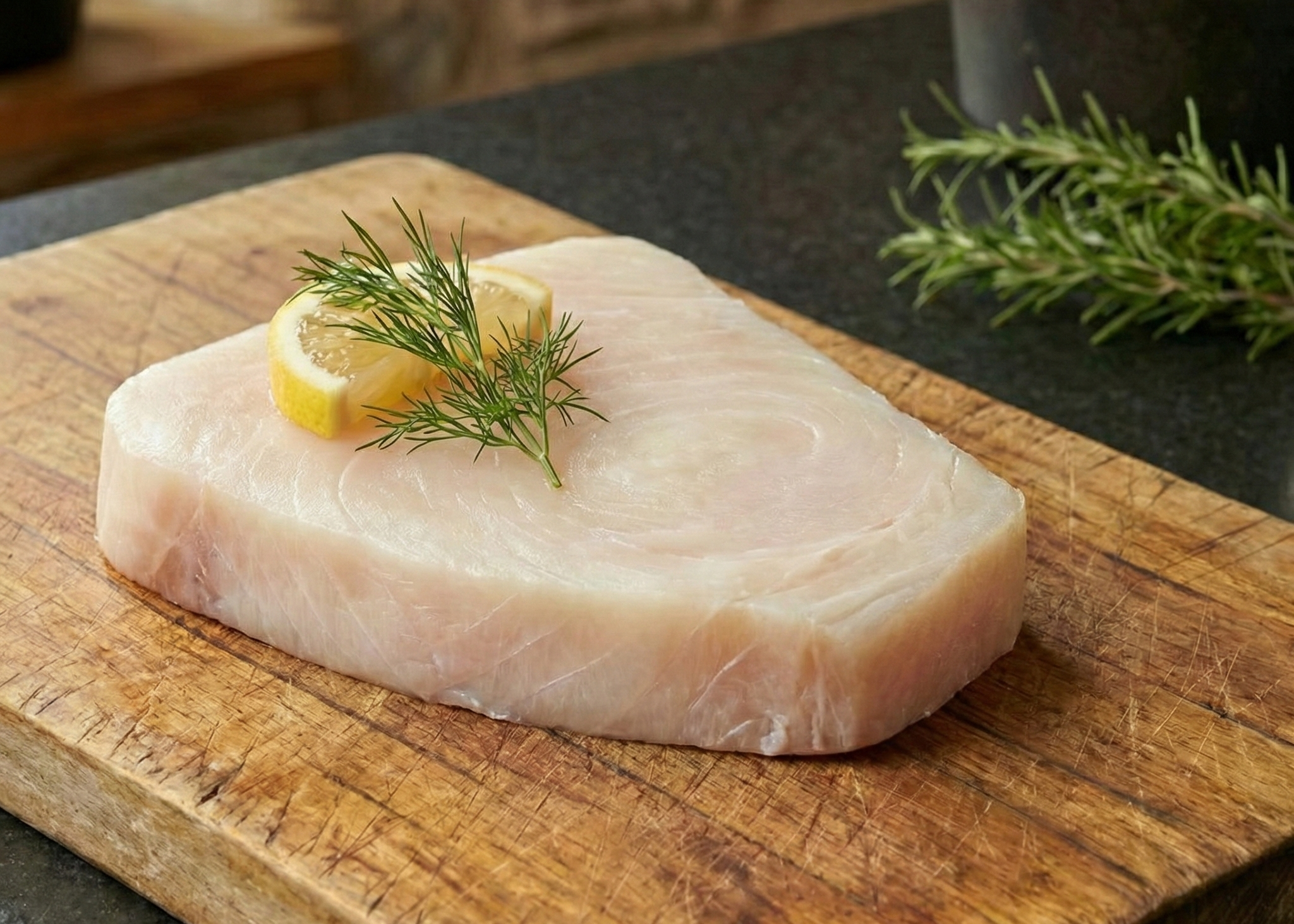 Wild Swordfish Steaks on a wooden board