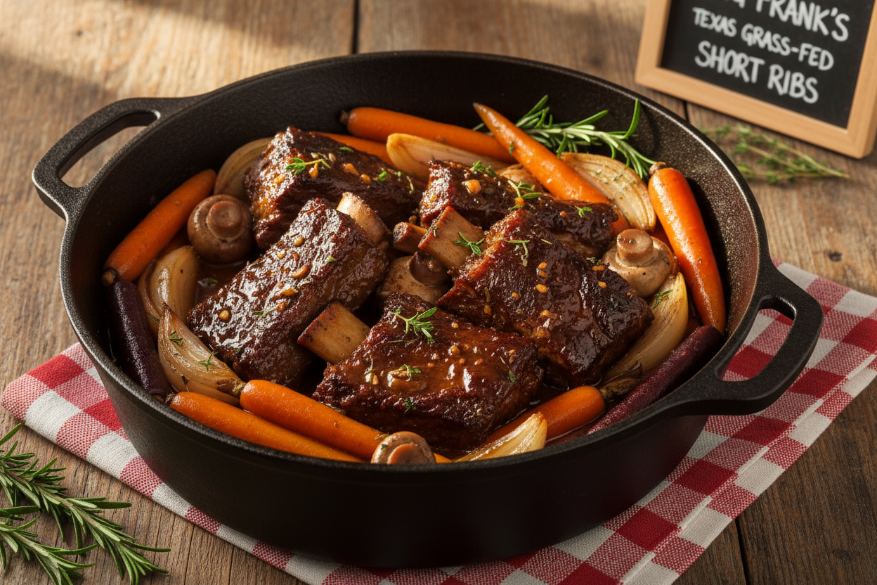 big franks short ribs with this ingredient 

3.5 - 4 lb. Slanker's 100% grass-fed beef short ribs, thawed (Be sure to thaw meat in a dish to keep from making a mess in the refrigerator!)

2 large Vidalia onions, cut into 1/2