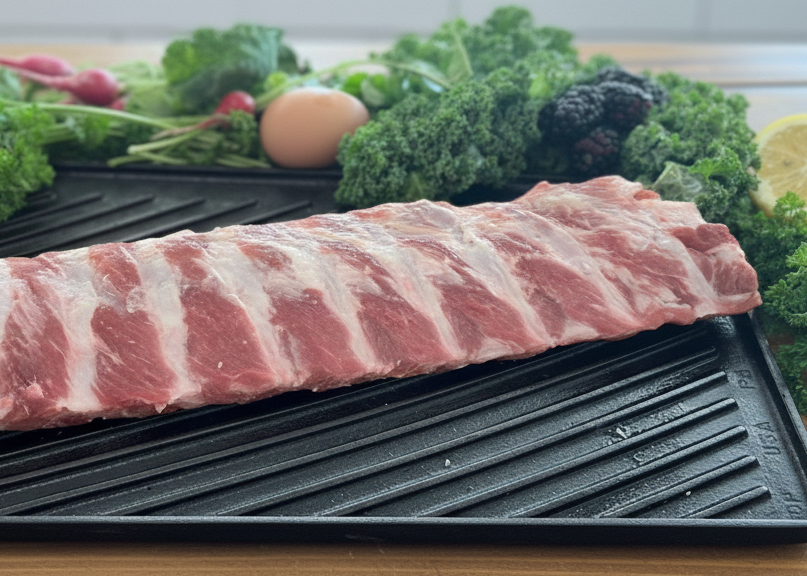 Pork ribs on a grill pan with vegetables on a wooden surface