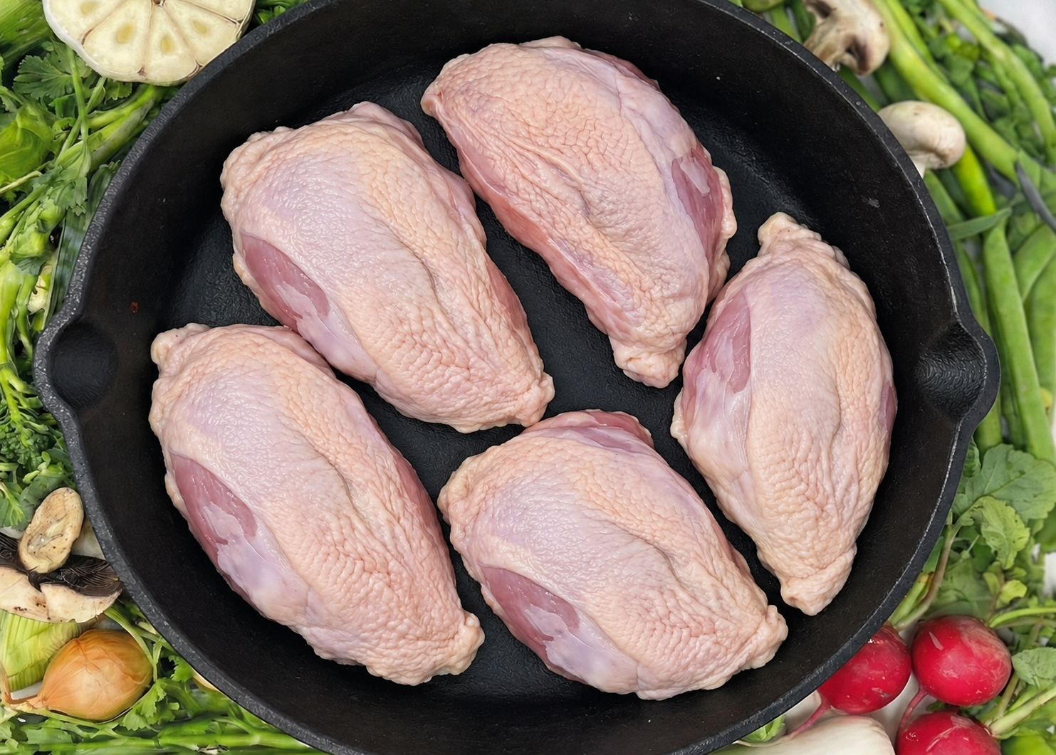 Five raw skin-on chicken breasts in a black skillet surrounded by fresh vegetables.