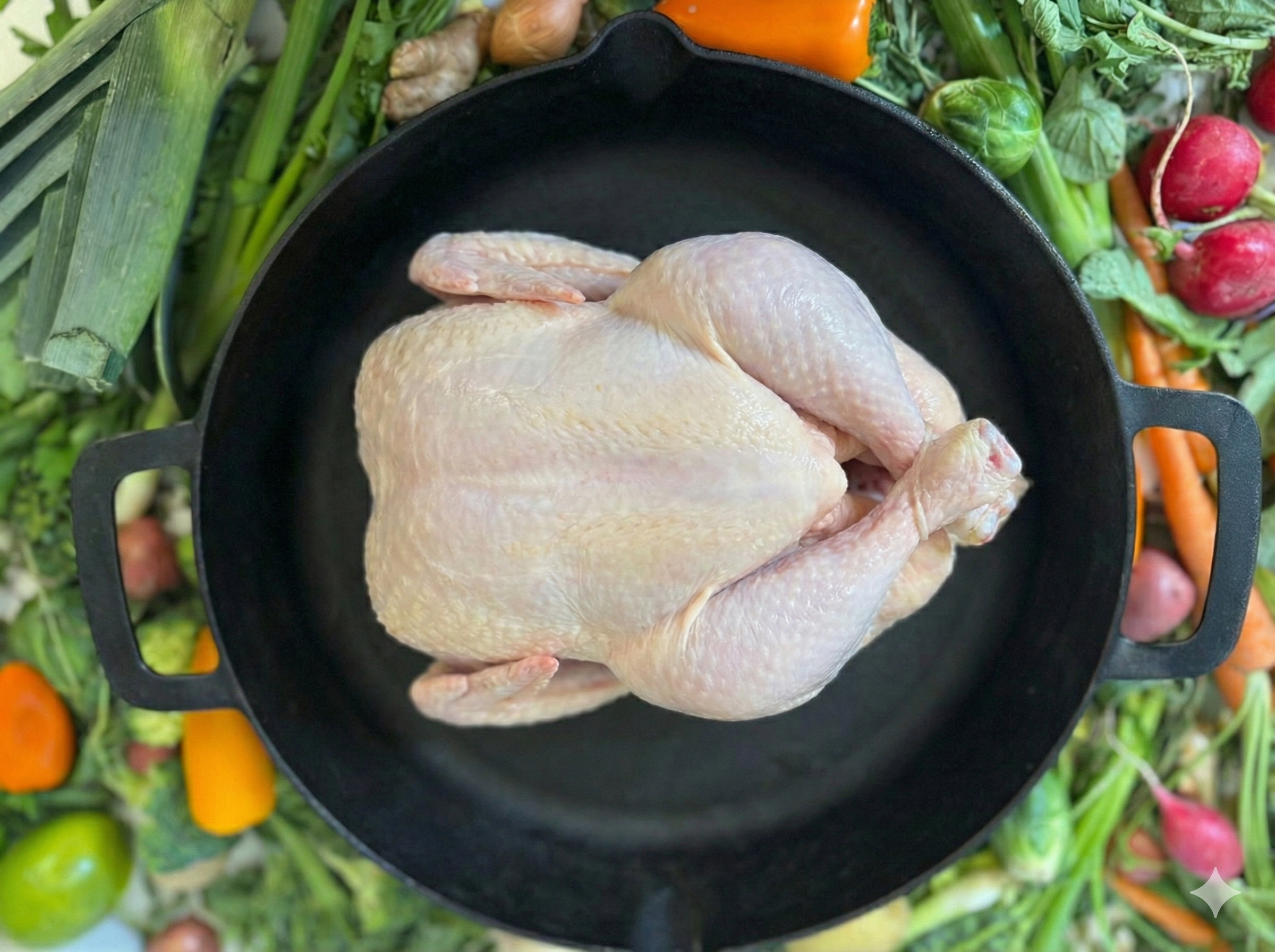 Raw omega-3 whole chicken in a black cast iron skillet surrounded by vegetables