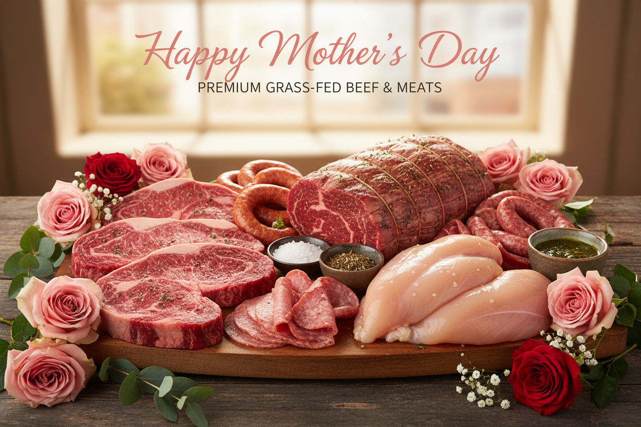Assorted meats on a wooden board with roses and 'Happy Mother's Day' text.