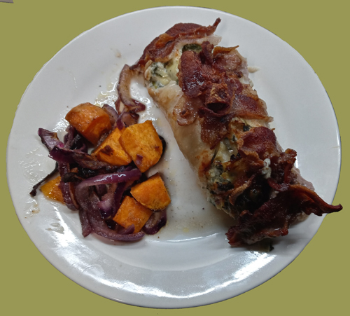 Artichoke, Spinach, Stuffed Bacon-Wrapped Chicken